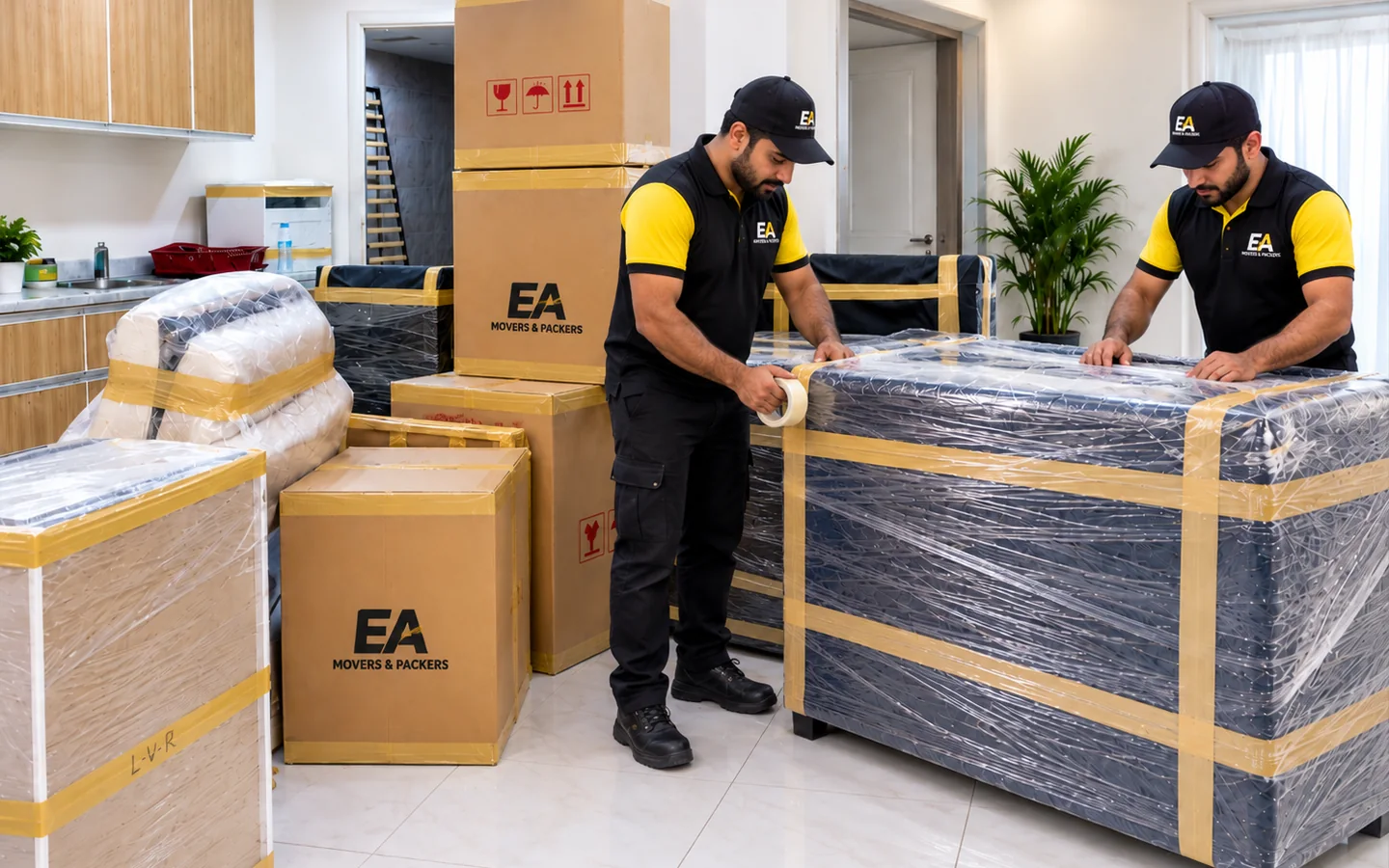 EA Movers team protecting large furniture for moving in Dubai