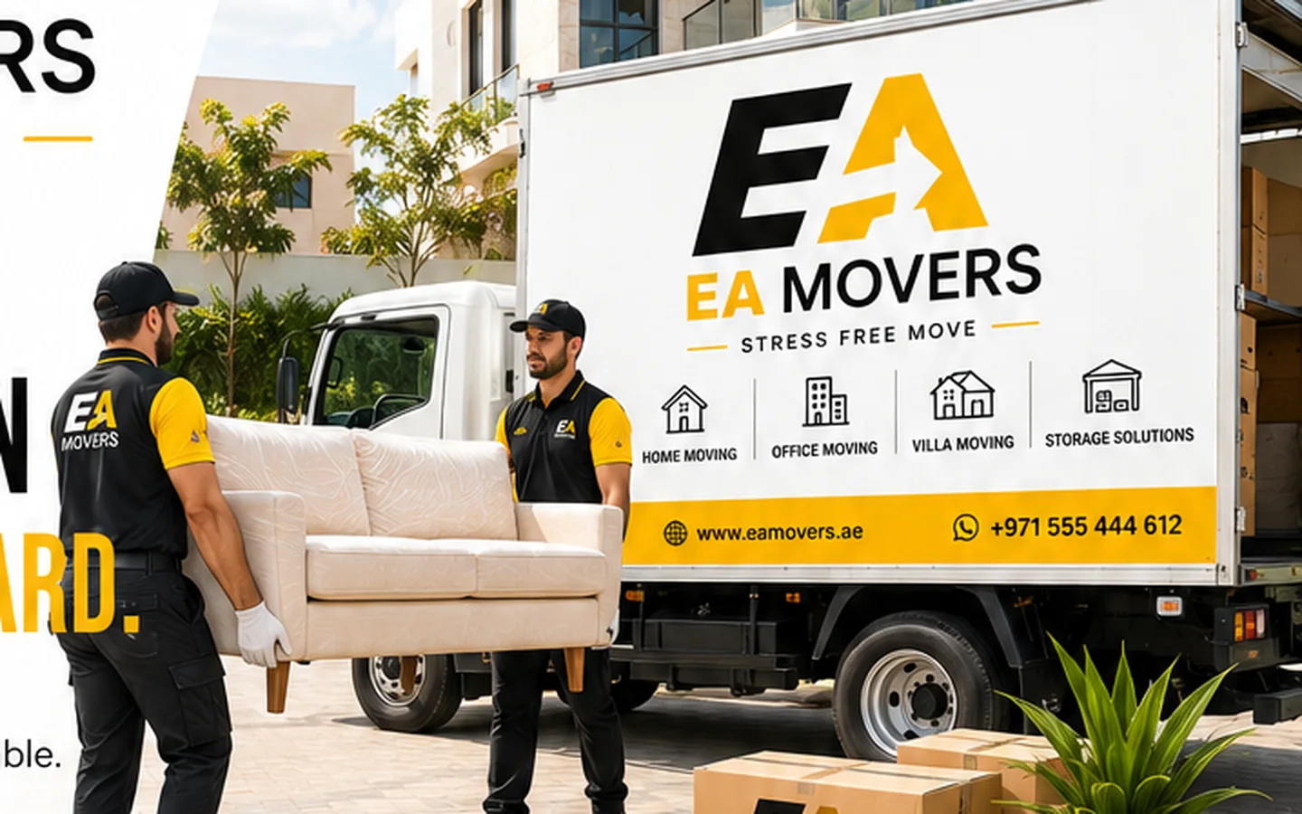 EA Movers branded moving truck and professional moving team in Dubai