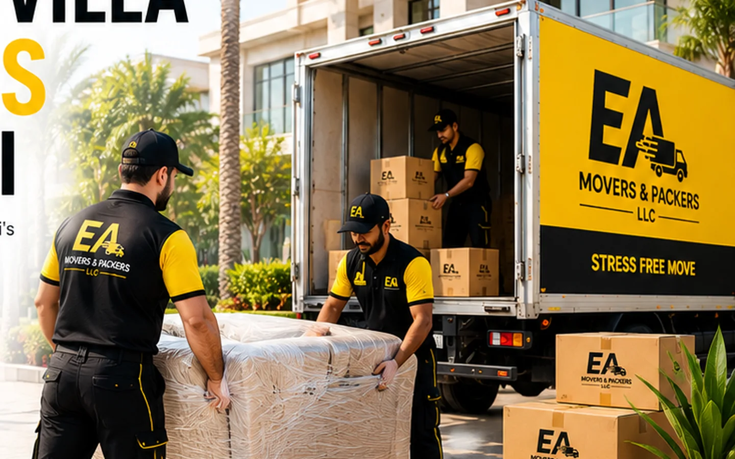 EA Movers team moving protected furniture at a modern Dubai villa