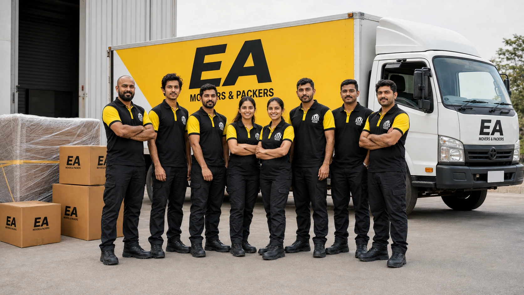 EA Movers and Packers team photo with branded truck and crew in official black and yellow uniforms