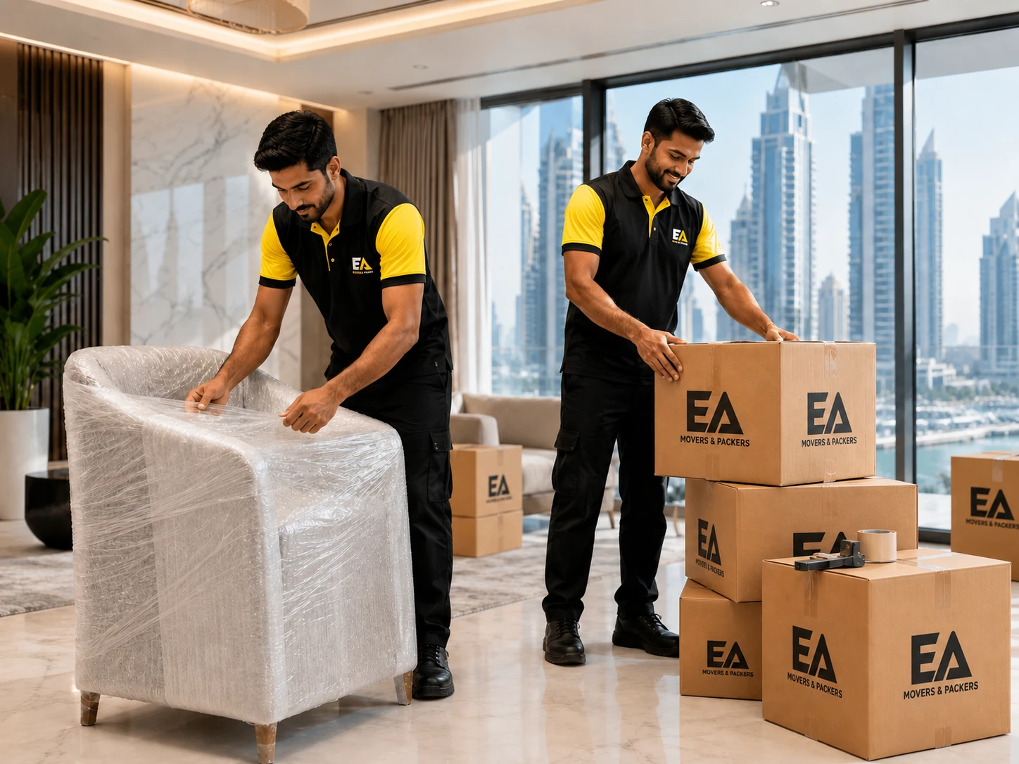 EA Movers team professionally packing furniture and boxes inside a modern Dubai home