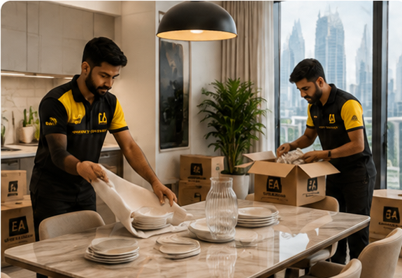 EA Movers workers carefully packing dining items and preparing branded boxes inside a modern Dubai apartment